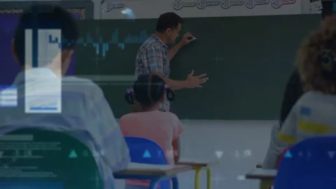 Animation of graph and data over caucasian male teacher and class of diverse Stock Footage 329168597
