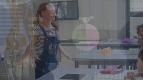 Animation of graph and data over caucasian girl making presentation and class of Stock Footage 329510947