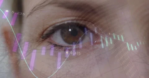 Animation of graph and data processing blinking brown eye of caucasian woman Stock Footage 266186437