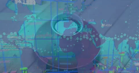 Animation of graph and data processing over world map and coffee cup on desk Stock Footage 326763292