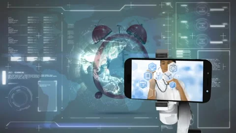 Animation of graph and data processing over clock and people using laptop Stock Footage 327127332