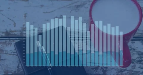 Animation of graph and data processing over map, notebook and coffee cup on desk Stock Footage 327897524