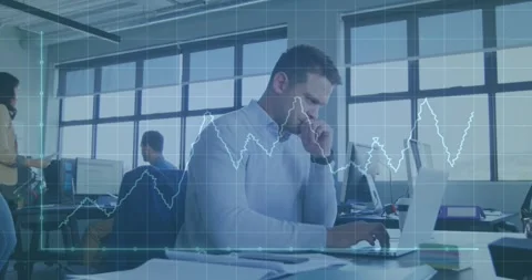 Animation of graph and grid pattern over thoughtful caucasian man analyzing Stock Footage 251289442