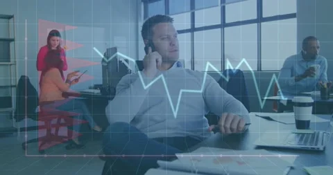 Animation of graph and grid pattern over caucasian man talking on cellphone in Stock Footage 251289454