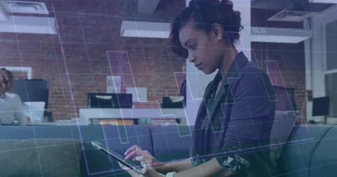Animation of graph and grid pattern over biracial woman scrolling on digital Stock Footage 251289455