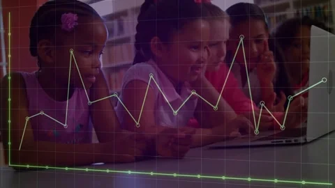 Animation of graph and grid pattern over diverse children watching video on Stock Footage 326765113