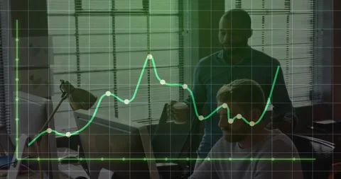 Animation of graph and grid pattern over diverse coworkers discussing on desk in Stock Footage 328463593