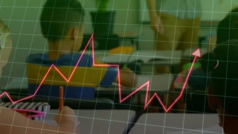 Animation of graph and grid pattern over smiling caucasian girl writing in Video stock 328507515