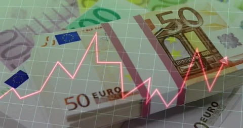 Animation of graph and grid pattern over close-up of 50 and 100 euro bills on 스톡 동영상 328823488