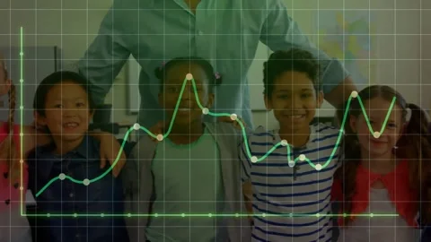 Animation of graph and grid pattern over diverse male teacher and students 스톡 동영상 329422764