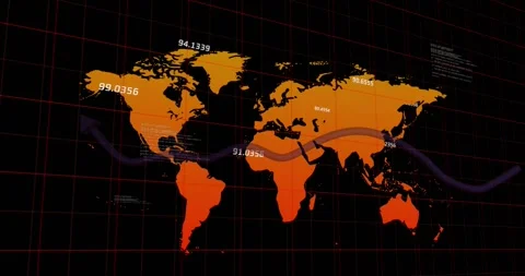 Animation of graph and grid pattern over map with numbers against black 스톡 동영상 329919988
