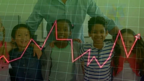 Animation of graph and grid pattern over diverse male teacher and students Stock Footage 330251384