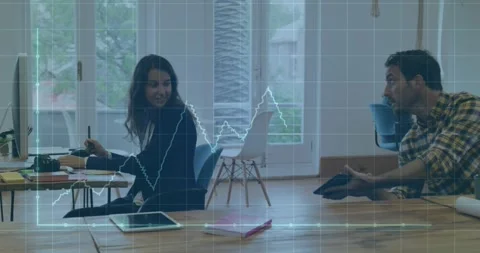 Animation of graph and grid pattern over diverse man talking and showing digital 스톡 동영상 330475661