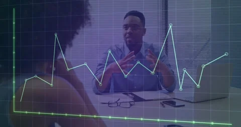Animation of graph and grid pattern over diverse coworkers discussing reports on 스톡 동영상 330587566