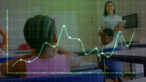 Animation of graph and grid pattern over diverse female teacher teaching Stock Footage 330662284