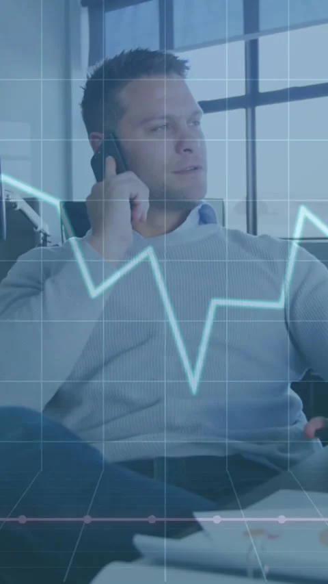 Animation of graph and grid pattern over caucasian man talking on cellphone in Stock Footage 344783707