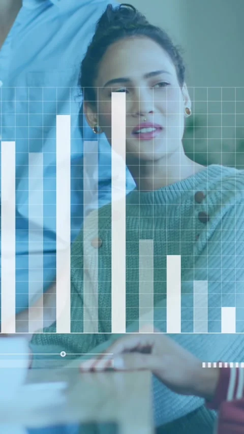 Animation of graph and loading bars over diverse coworkers discussing reports in Stock Footage 344766062