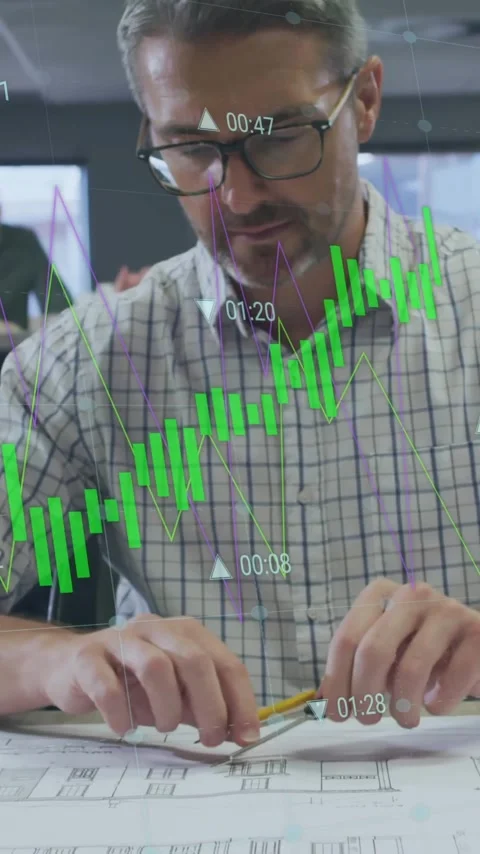 Animation of graph and processing data over caucasian male architect working on Stock Footage 341927459