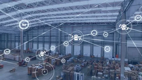 Animation of graph and profile icons connected with icons over aerial view of Stock Footage 330583685