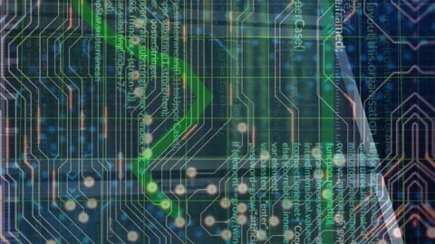 Animation of graph and programming language over circuit board pattern in Stock Footage 312695969