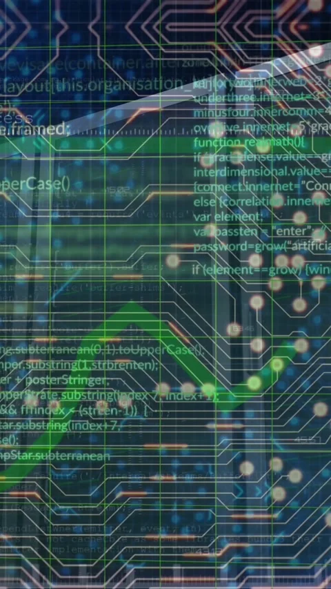 Animation of graph and programming language over circuit board pattern in Stock Footage 321991043
