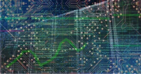 Animation of graph and programming language over circuit board pattern in Stock Footage 327279740
