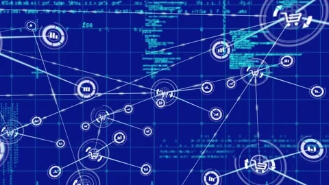 Animation of graph and shopping cart connected icons with computer language over Stock Footage 330776542