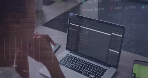 Animation of graph and trading board over biracial woman analyzing data on 스톡 동영상 239434616