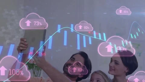 Animation of graph, arrow in clouds, caucasian man with family taking selfie on Video stock 257088176