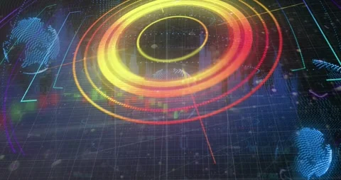 Animation of graph, arrows around circles over grid pattern and globes against Stock Footage 244738193