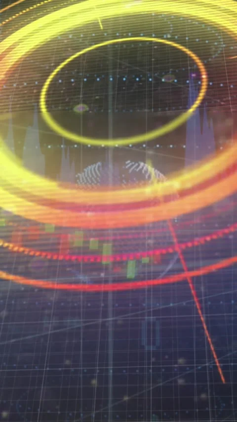 Animation of graph, arrows around circles over grid pattern and globes against 스톡 동영상 321172059