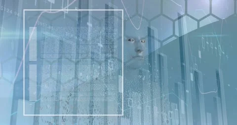 Animation of graph, binary code, midsection of digital human, low angle view of Stock Footage 328154364