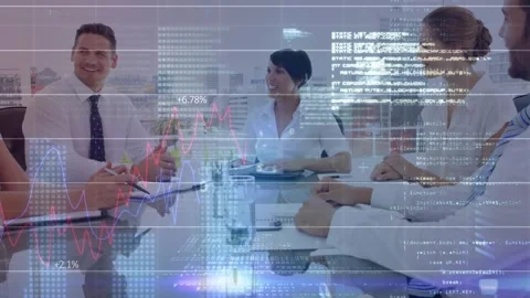 Animation of graph, binary codes, database, diverse coworkers shaking hands in Stock Footage 330105375
