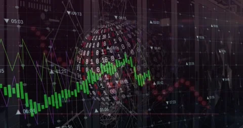 Animation of graph, binary codes forming rotating globe, numbers over connected Stock Footage 328299243