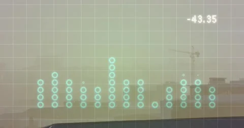 Animation of graph, changing number and grid pattern over fog covered buildings Stock Footage 251289661