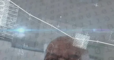 Animation of graph, changing numbers, binary codes, african american bald man Stock Footage 252358417