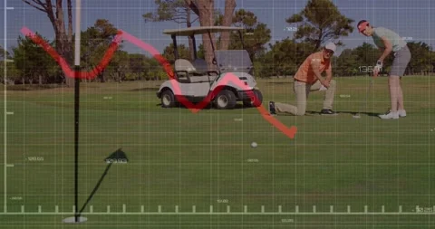 Animation of graph with changing numbers, caucasian man teaching female player Stock Footage 330658317