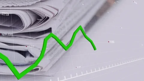 Animation of graph with changing numbers over grid pattern against newspapers on Stock Footage 244698617