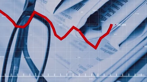 Animation of graph with changing numbers over grid pattern against newspapers Stock Footage 244698632