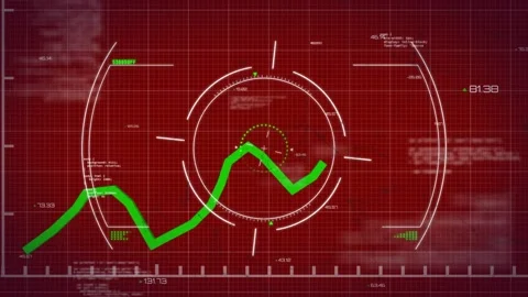 Animation of graph on circles and programming language over red background Stock Footage 327641901