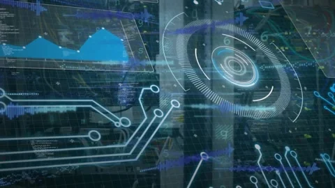 Animation of graph, circles, circuit board pattern, computer language over Stock Footage 328470696