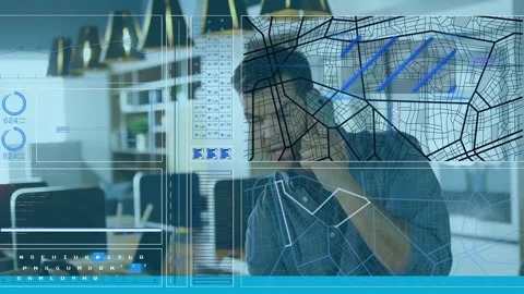 Animation of graph, circles, computer language, map pattern, caucasian man talki Stock Footage 244313541