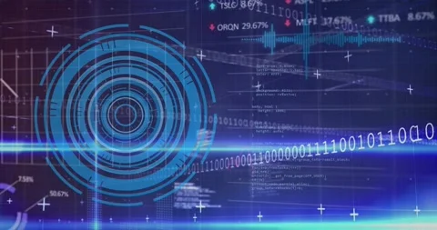 Animation of graph, circles, trading board, binary codes and computer language Stock Footage 233302147