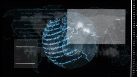 Animation of graph, circuit board pattern, map and abstract language on globe Stock Footage 247965547