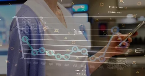 Animation of graph, circuit board pattern, midsection of caucasian woman walking Stock Footage 250952979