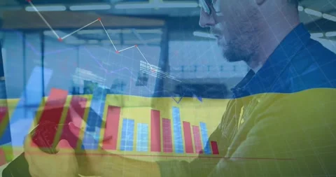 Animation of graph, computer language, ukraine flag, caucasian photographer Stock Footage 330662286