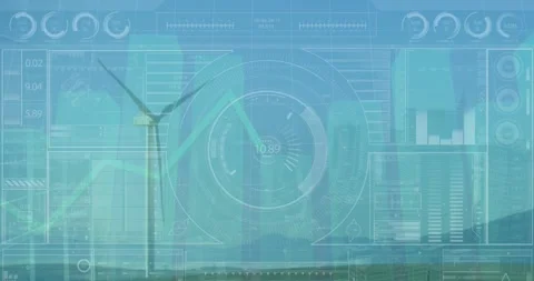 Animation of graph data with hud processing on digital interface over wind 스톡 동영상 327964435