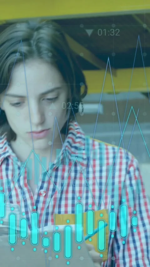 Animation of graph with energy and media icons over caucasian female carpenter Stockbeeldmateriaal 344775130