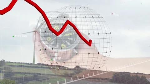 Animation of graph, globe, cropped hand of caucasian man holding clock over Stock Footage 327200407