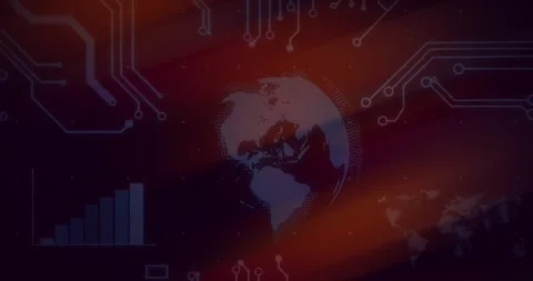 Animation of graph, globe, map and circuit board pattern against abstract Stock Footage 242349407